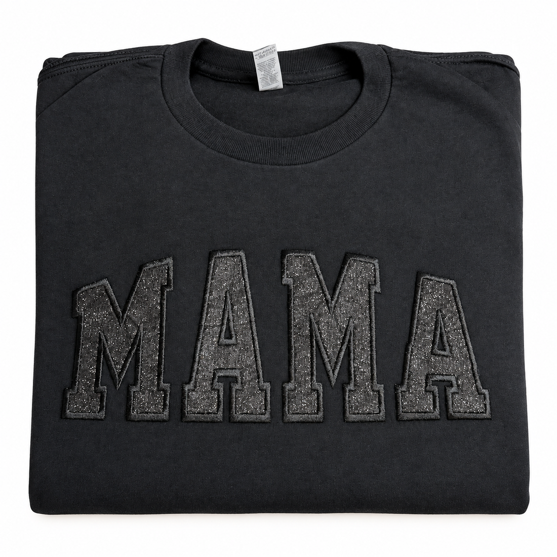 Black MAMA glitter applique T-shirt, available in medium, large, XL, and 2XL