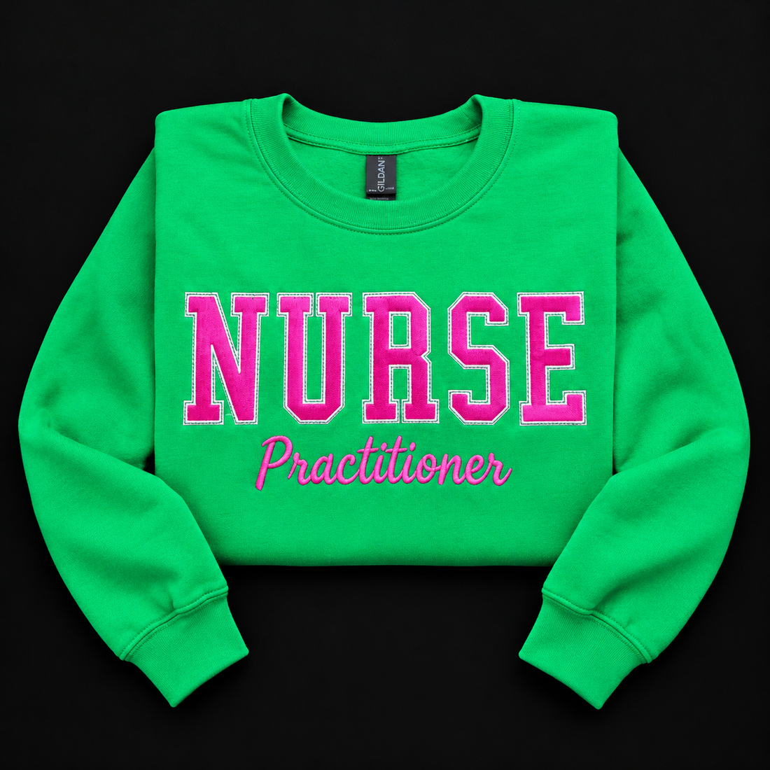 Bright green embroidered Nurse Practitioner sweatshirt, size medium