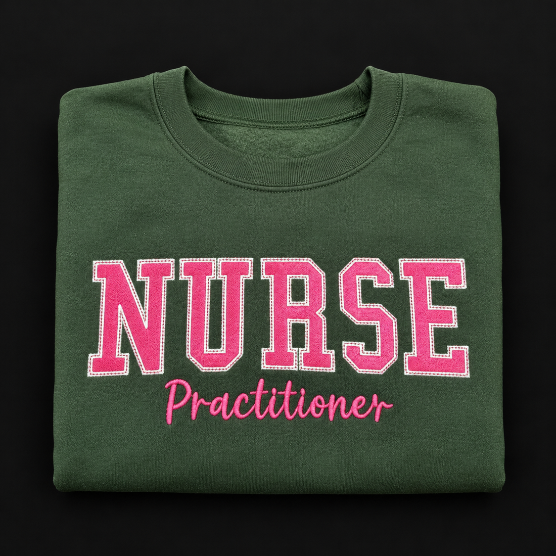 Bright green embroidered Nurse Practitioner sweatshirt, size medium