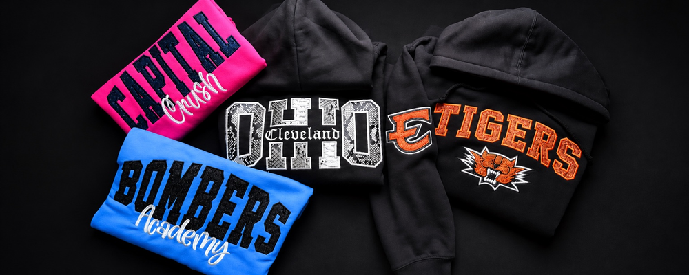 CAPITAL, BOMBERS, OHIO and TIGERS custom embroidered sweatshirts