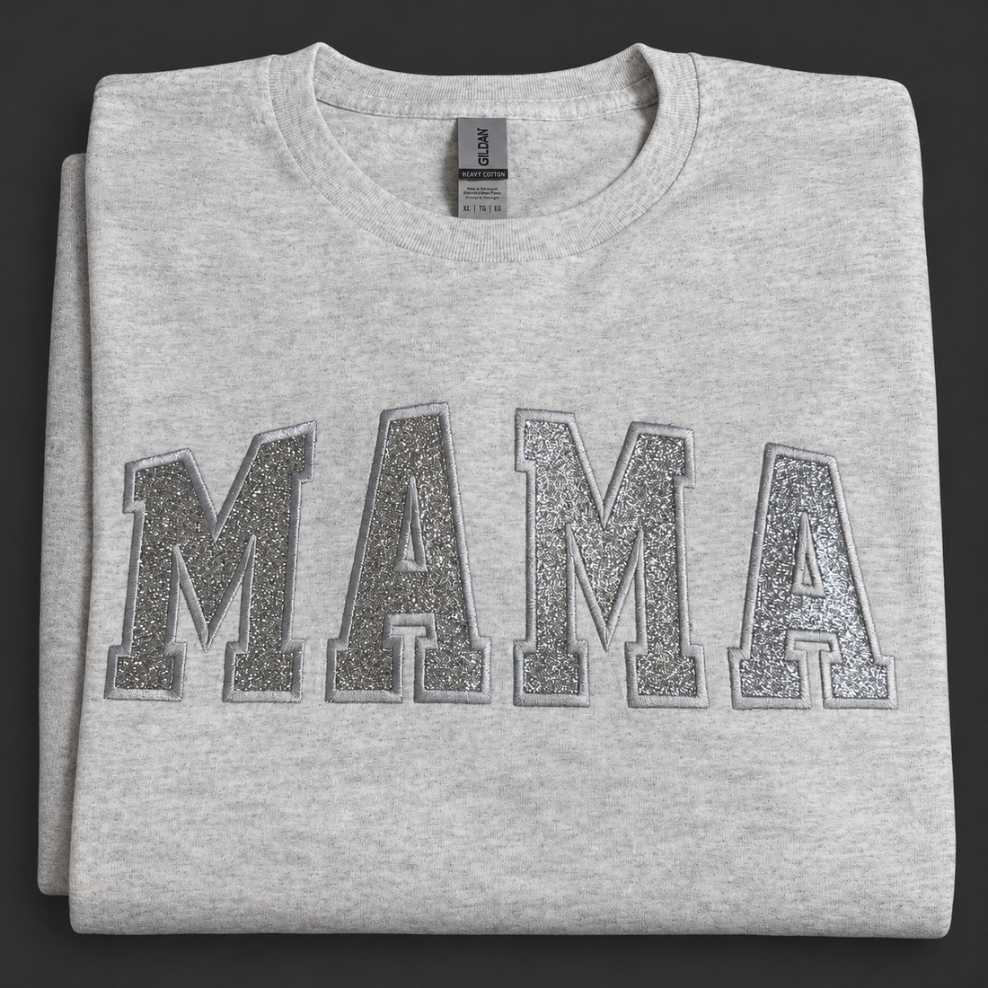 Black MAMA glitter applique T-shirt, available in medium, large, XL, and 2XL