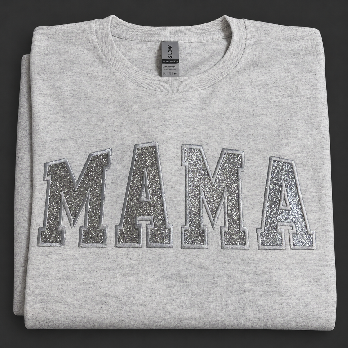 Heather gray MAMA silver glitter applique T-shirt, available in XL and 2XL