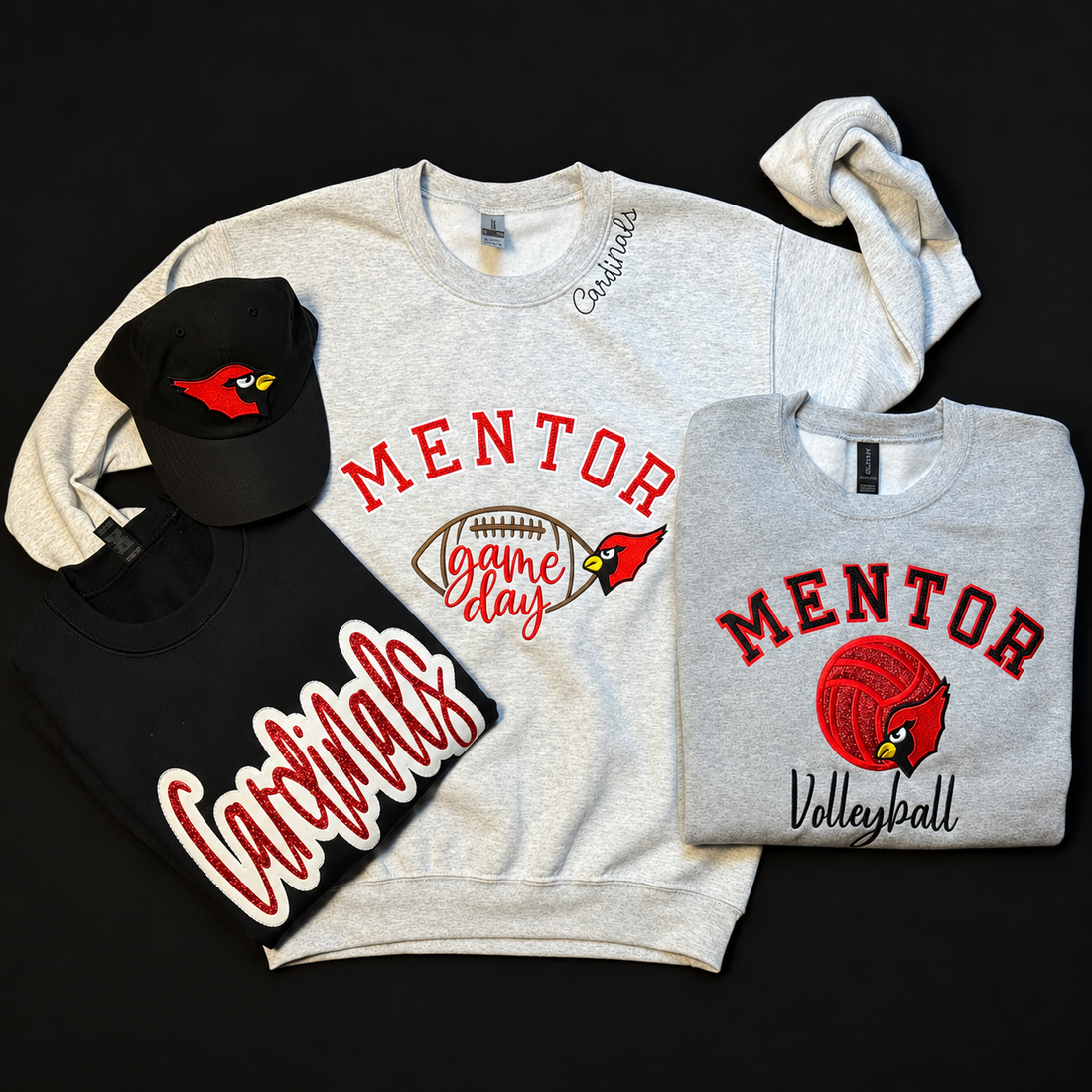 Three one-of-a-kind Mentor sweatshirts: black Cardinals, gray football game day, and gray volleyball